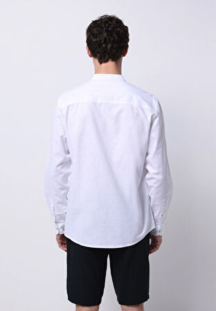 Regular Fit Hakim Yaka Düz Erkek Keten Karışımlı Beyaz Uzun Kol Gömlek