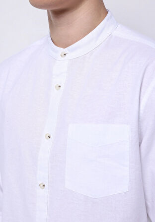 Regular Fit Hakim Yaka Düz Erkek Keten Karışımlı Beyaz Uzun Kol Gömlek