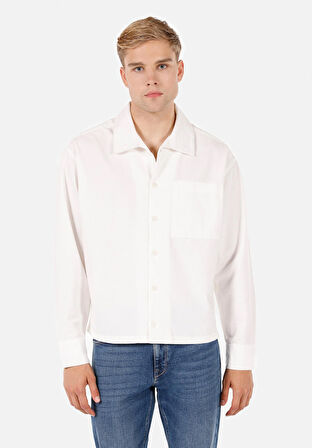 Boxy Fit Shirt Neck Düz Erkek Beyaz Uzun Kol Gömlek