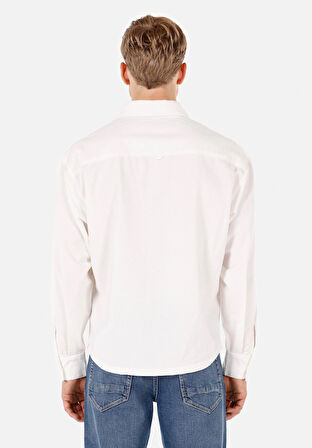 Boxy Fit Shirt Neck Düz Erkek Beyaz Uzun Kol Gömlek