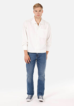 Boxy Fit Shirt Neck Düz Erkek Beyaz Uzun Kol Gömlek