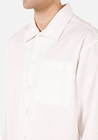 Boxy Fit Shirt Neck Düz Erkek Beyaz Uzun Kol Gömlek