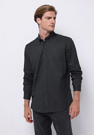 Regular Fit Shirt Neck Düz Erkek Yeşil Uzun Kol Gömlek