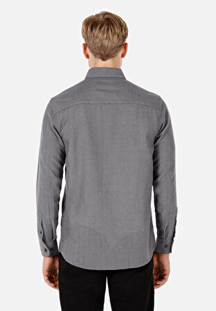 Regular Fit Shirt Neck Düz Erkek Gri Uzun Kol Gömlek