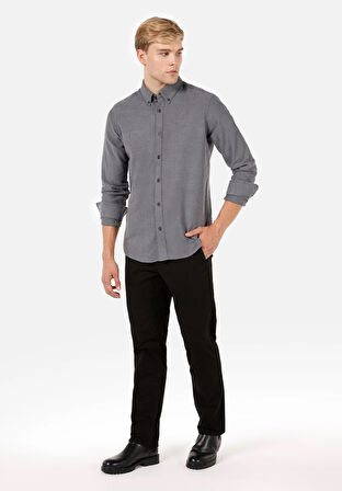 Regular Fit Shirt Neck Düz Erkek Gri Uzun Kol Gömlek