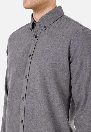 Regular Fit Shirt Neck Düz Erkek Gri Uzun Kol Gömlek