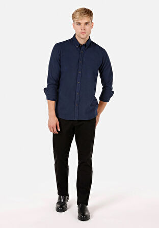 Regular Fit Shirt Neck Düz Erkek Lacivert Uzun Kol Gömlek Cl1070811