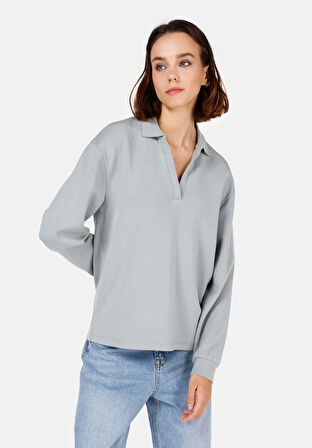 Regular Fit Polo Yaka  Kadın Yeşil Uzun Kol Tişört