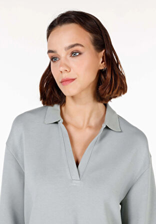 Regular Fit Polo Yaka  Kadın Yeşil Uzun Kol Tişört