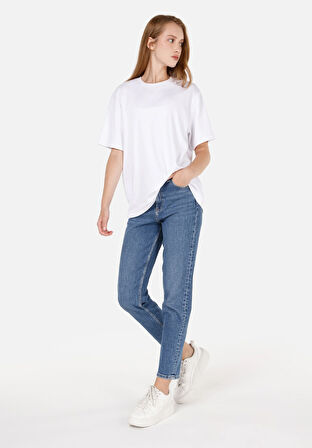 Mom Fit  Daralan Paça Kadın İndigo Jean Pantolon