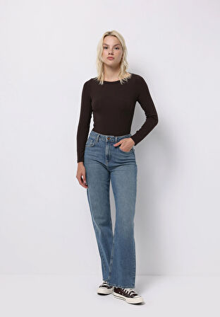 Slim Fit Kayık Yaka Düz Kadın Kahverengi Uzun Kol Tişört