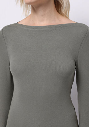 Slim Fit Kayık Yaka Düz Kadın Yeşil Uzun Kol Tişört