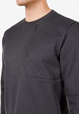 Regular Fit Yuvarlak Yaka Düz Erkek Antrasit Uzun Kol Tişört