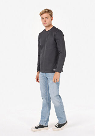 Regular Fit Yuvarlak Yaka Düz Erkek Antrasit Uzun Kol Tişört