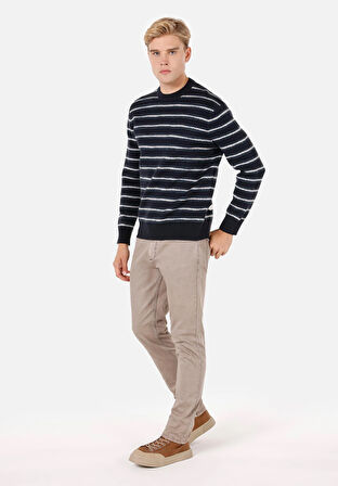 Regular Fit Yuvarlak Yaka Çizgili Erkek Lacivert Kazak