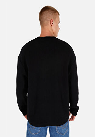 Comfort Fit Yuvarlak Yaka Jakarlı Erkek Siyah Uzun Kol Tişört