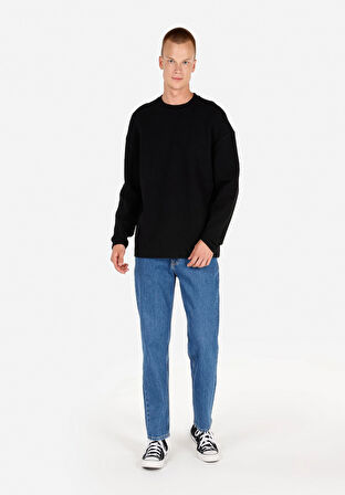 Comfort Fit Yuvarlak Yaka Jakarlı Erkek Siyah Uzun Kol Tişört