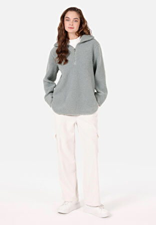 Regular Fit Fermuarlı  Kadın Yeşil Sweatshirt