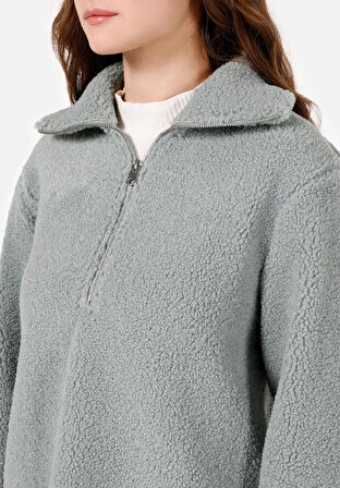 Regular Fit Fermuarlı  Kadın Yeşil Sweatshirt