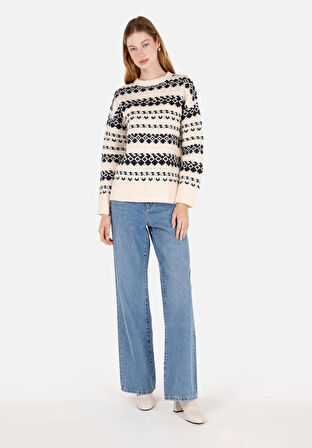 Regular Fit Yuvarlak Yaka  Kadın Ekru Kazak