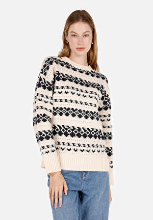 Regular Fit Yuvarlak Yaka  Kadın Ekru Kazak