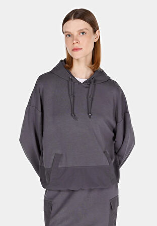 Regular Fit Kapüşonlu Düz Kadın Antrasit Sweatshirt Cl1071154