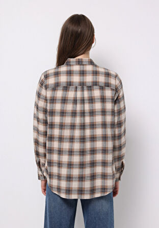 Regular Fit Shirt Neck Ekoseli Kadın Bej Uzun Kol Gömlek