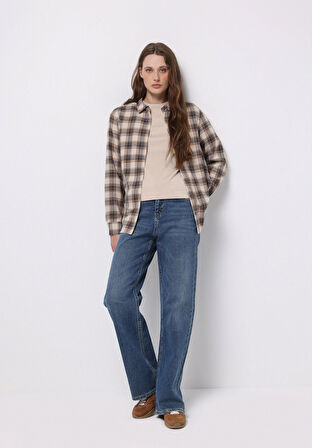 Regular Fit Shirt Neck Ekoseli Kadın Bej Uzun Kol Gömlek