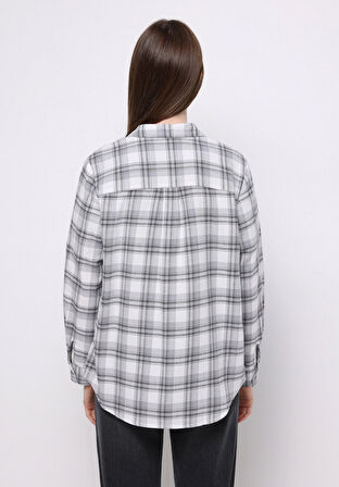 Regular Fit Shirt Neck Ekoseli Kadın Gri Uzun Kol Gömlek