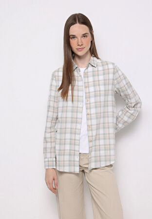 Regular Fit Shirt Neck Ekoseli Kadın Yeşil Uzun Kol Gömlek