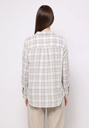 Regular Fit Shirt Neck Ekoseli Kadın Yeşil Uzun Kol Gömlek