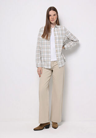 Regular Fit Shirt Neck Ekoseli Kadın Yeşil Uzun Kol Gömlek