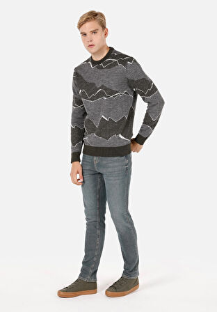 Regular Fit Yuvarlak Yaka Jakarlı Erkek Yeşil Kazak