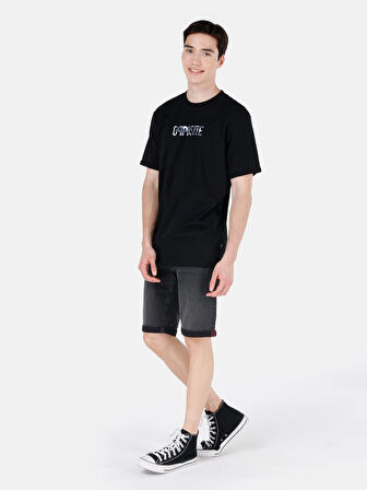 Regular Fit Bisiklet Yaka Baskılı Siyah Erkek Kısa Kol Tişört