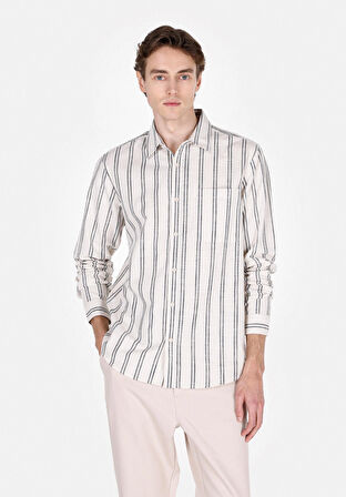 Regular Fit Shirt Neck Çizgili Erkek Ekru Uzun Kol Gömlek Cl1071904
