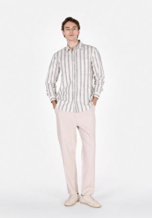 Regular Fit Shirt Neck Çizgili Erkek Ekru Uzun Kol Gömlek Cl1071904