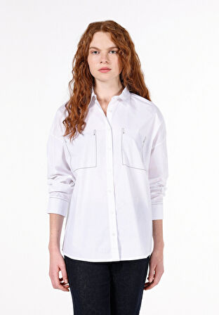Regular Fit Shirt Neck Düz Kadın Beyaz Uzun Kol Gömlek Cl1071912