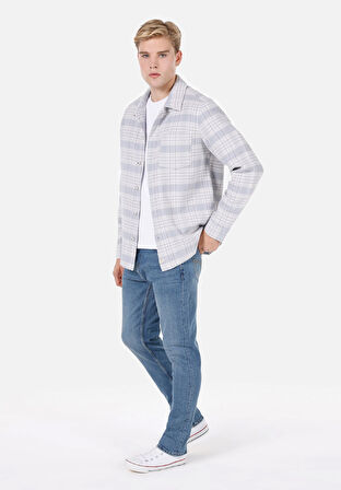 Comfort Fit Shirt Neck Ekoseli Erkek Mavi Shacket Cl1072026