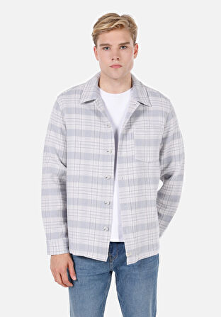 Comfort Fit Shirt Neck Ekoseli Erkek Mavi Shacket Cl1072026