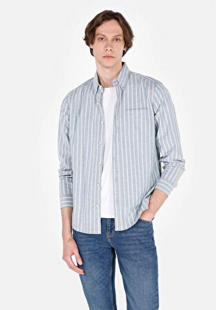 Slim Fit Shirt Neck Çizgili Erkek Yeşil Uzun Kol Gömlek Cl1072028