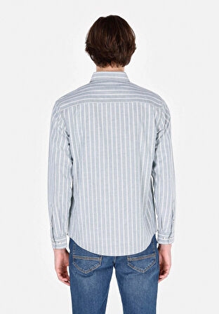 Slim Fit Shirt Neck Çizgili Erkek Yeşil Uzun Kol Gömlek Cl1072028