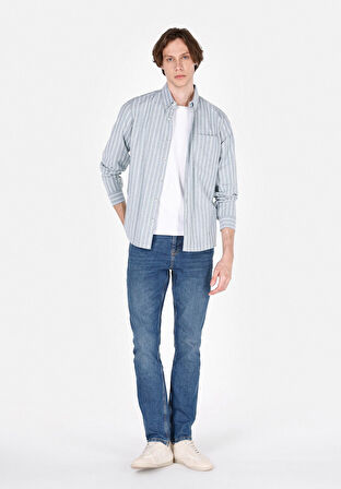 Slim Fit Shirt Neck Çizgili Erkek Yeşil Uzun Kol Gömlek Cl1072028