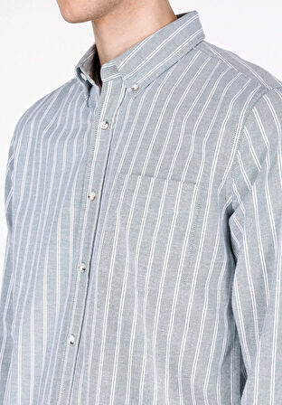 Slim Fit Shirt Neck Çizgili Erkek Yeşil Uzun Kol Gömlek Cl1072028