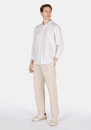 Regular Fit Shirt Neck Çizgili Erkek Ekru Uzun Kol Gömlek Cl1072085