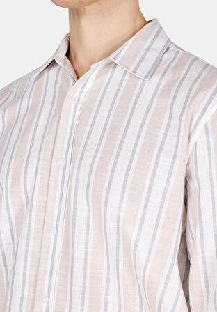 Regular Fit Shirt Neck Çizgili Erkek Ekru Uzun Kol Gömlek Cl1072085