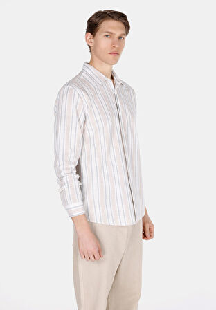 Regular Fit Shirt Neck Çizgili Erkek Ekru Uzun Kol Gömlek Cl1072085