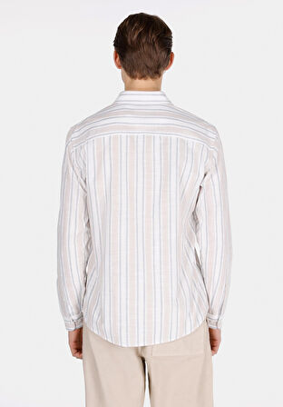 Regular Fit Shirt Neck Çizgili Erkek Ekru Uzun Kol Gömlek Cl1072085
