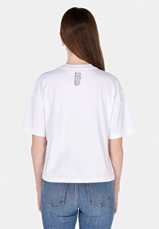 Regular Fit Yuvarlak Yaka Nakışlı Kadın Beyaz Kısa Kol Tişört Cl1072193