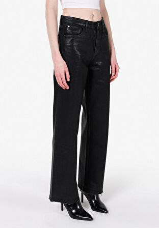 Regular Fit Yüksel Bel Geniş Paça Kadın Siyah Jean Pantolon