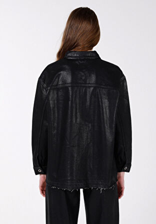 Oversize Fit Klasik Yaka  Kadın Siyah Uzun Kol Gömlek